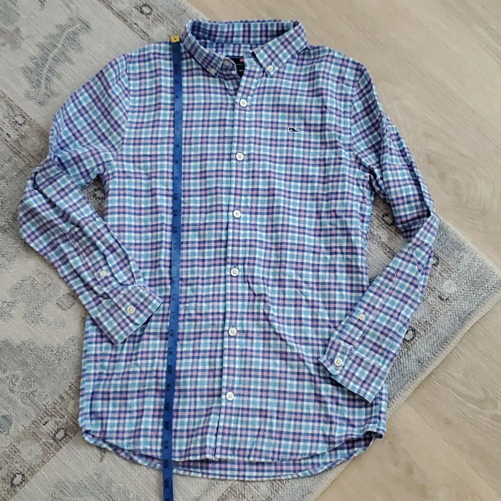 Vineyard Vines Boys Blue Pink Flannel Cotton Whale Shirt Button-up SzM (12-14)